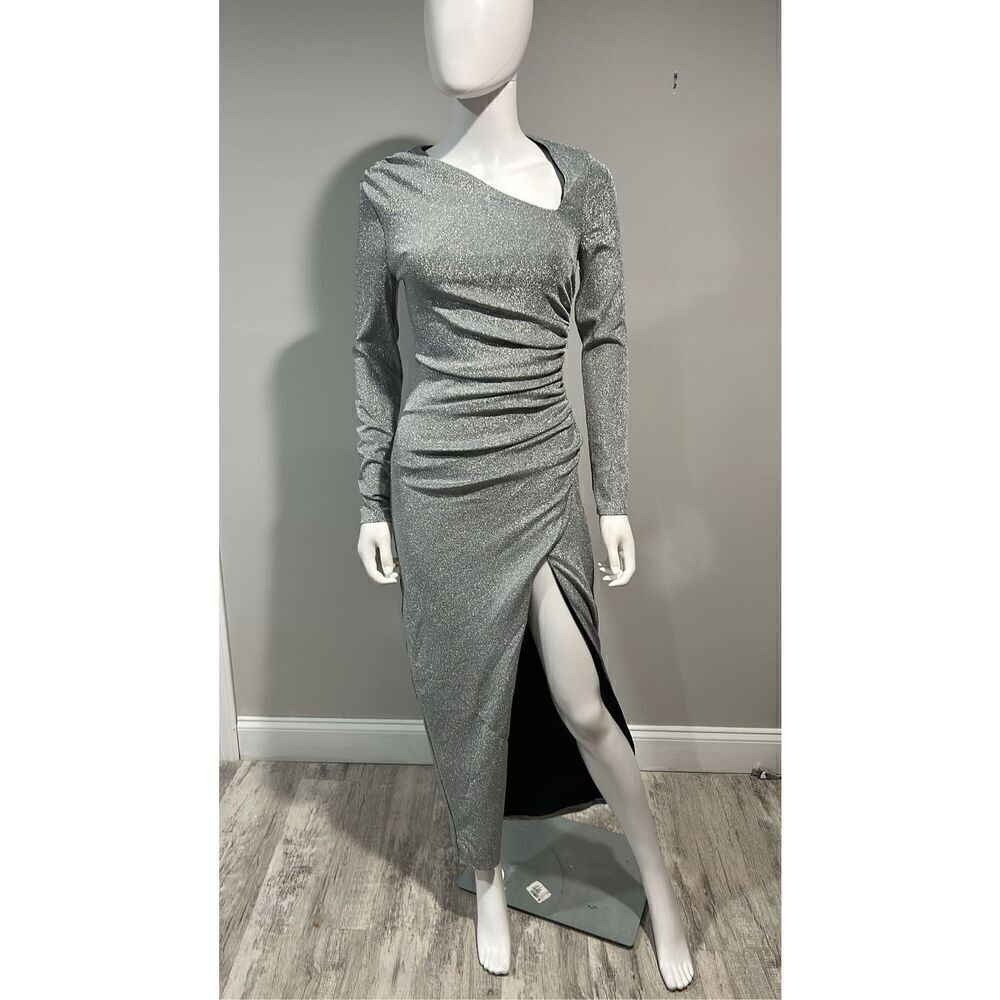 Alexis Admor Cutout Silver Ruched Shimmer Gown Size Small - Picture 4 of 10